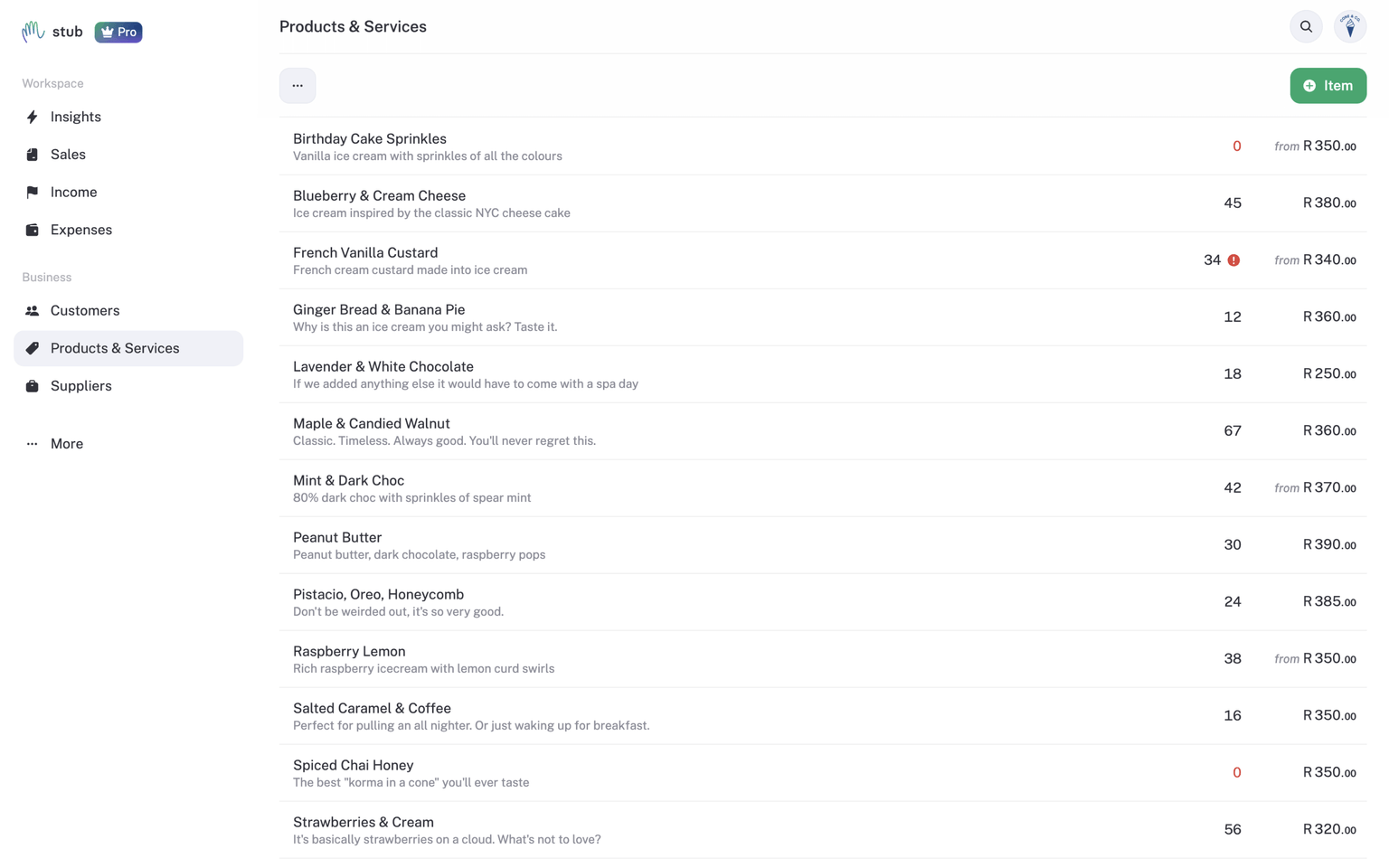 Inventory list example